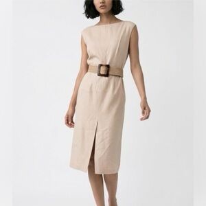 MaxMara Cotton/Silk Sleeveless Sheath, front slit, Beige, 8, GUC